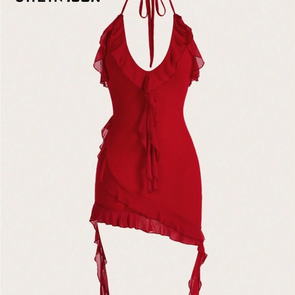 Red Halter Neck Dress with Ruffle Details